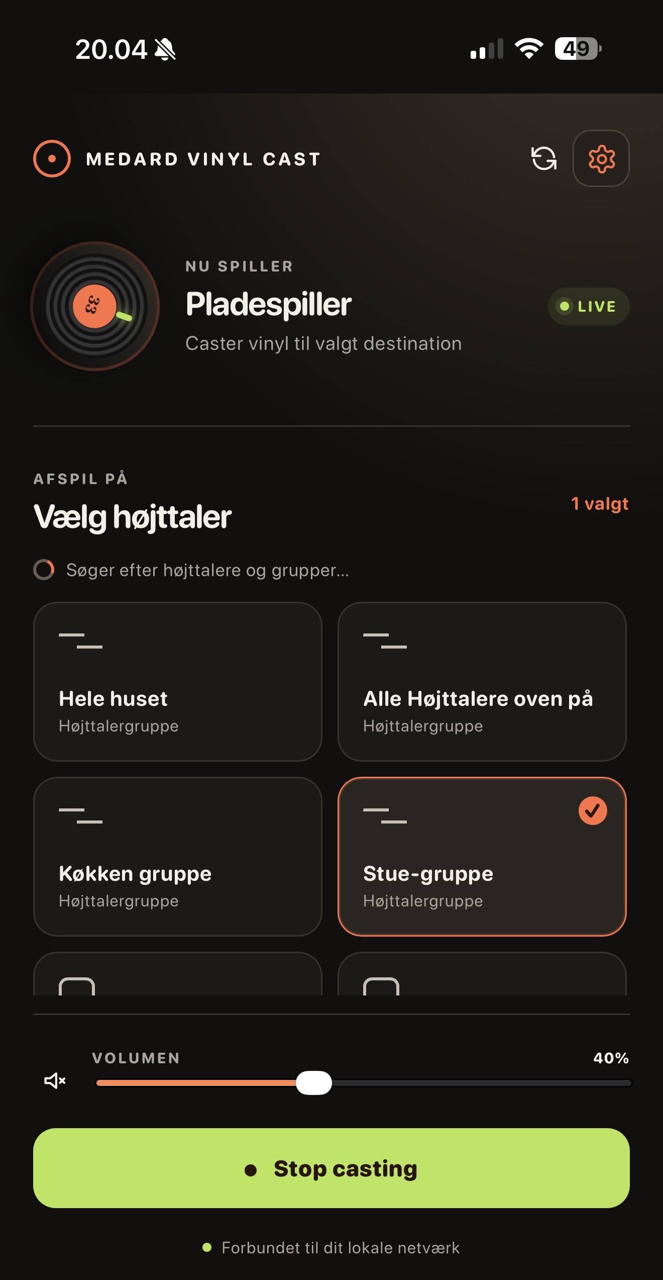 Screenshot of the Medard Vinyl Cast control app.